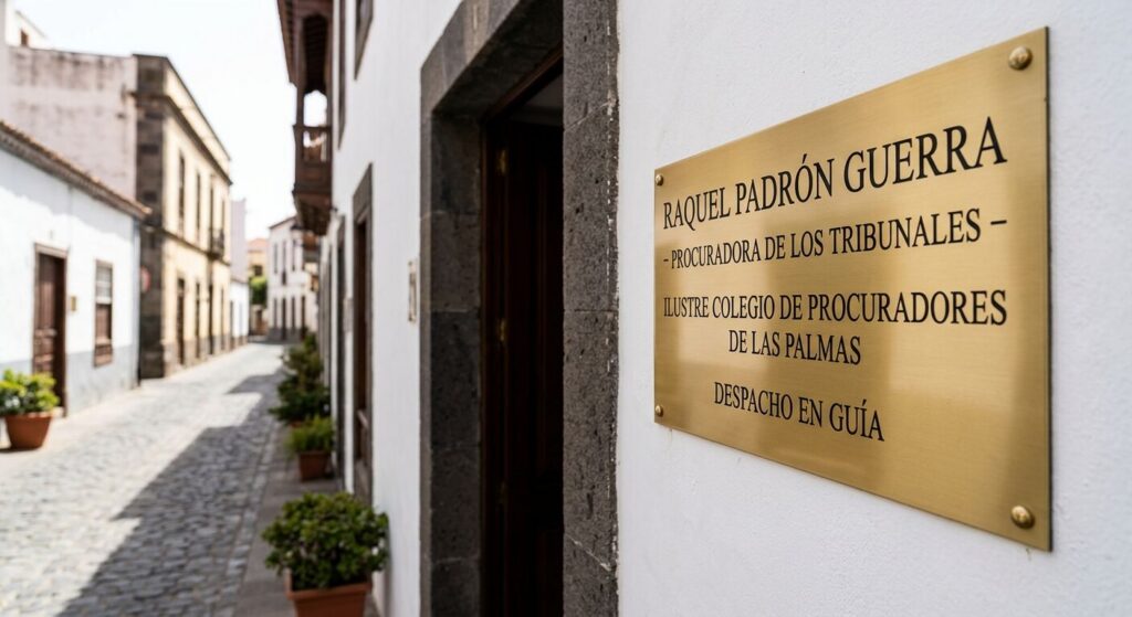 Placa dorada en la fachada del despacho: Raquel Padrón Guerra, Procuradora de los Tribunales, Ilustre Colegio de Procuradores de Las Palmas, despacho en Guía