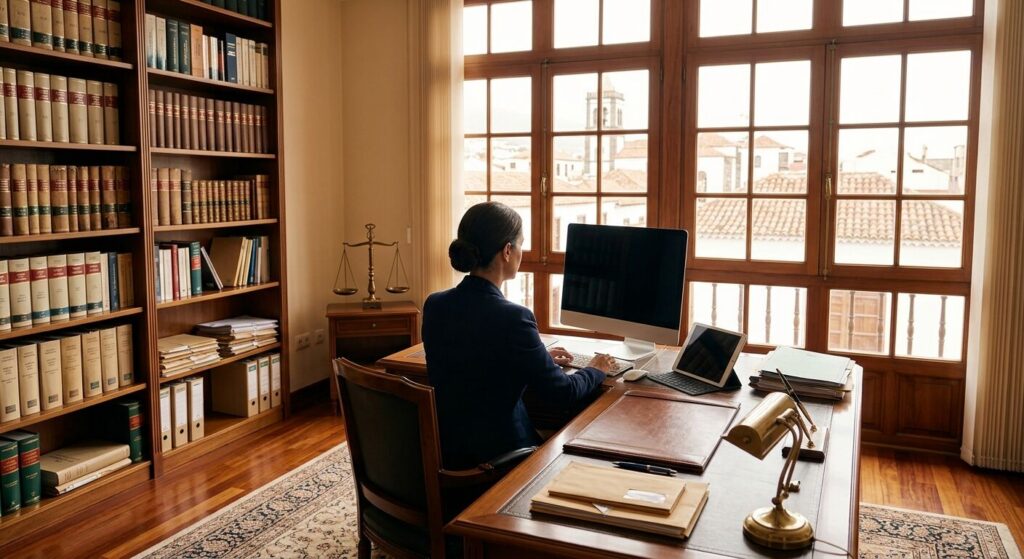 Raquel María Padrón Guerra trabajando en su despacho, junto a una biblioteca jurídica y un ventanal con vistas al casco de Guía
