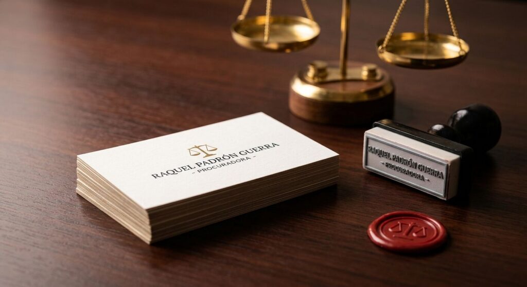 Tarjetas de visita y sello de la procuradora sobre un escritorio de madera, junto a una balanza